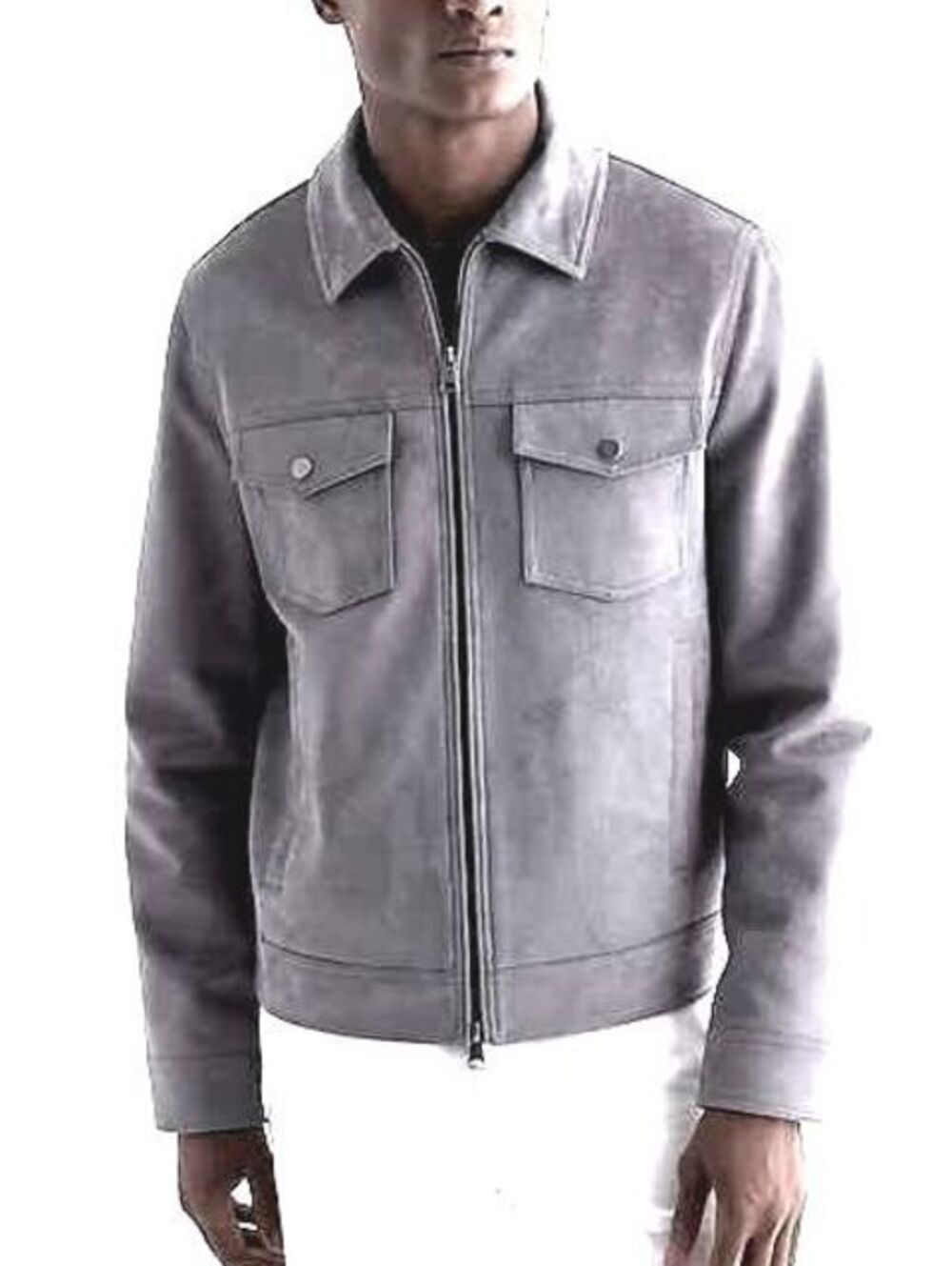 EXPRESS Mens (M) Gray Faux Suede Zip-Up Trucker Bomber Jacket Flap Pockets Lined